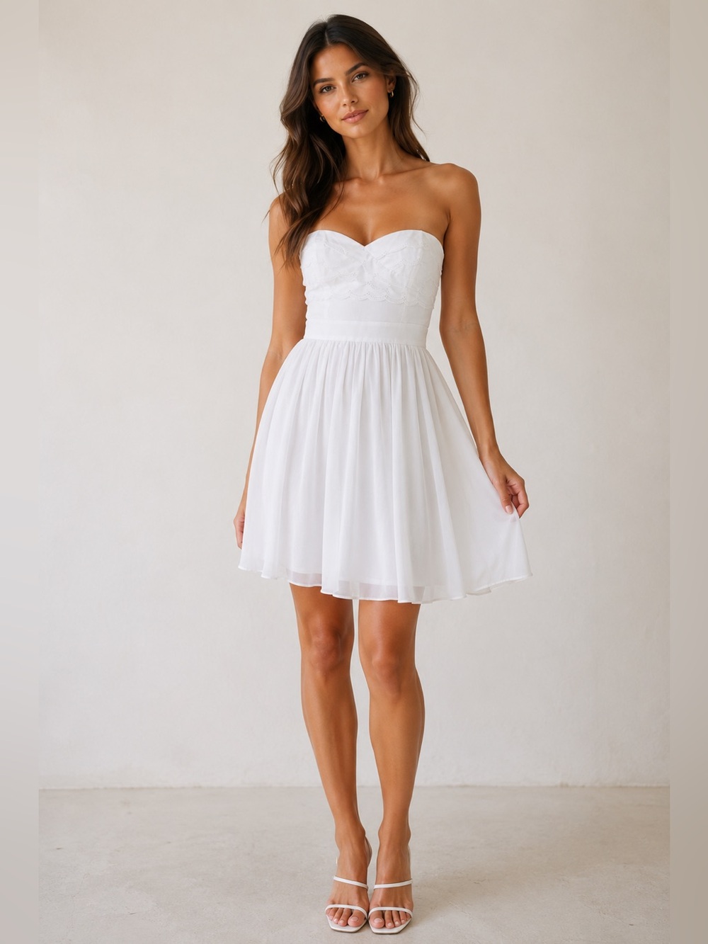 En Crème White Strapless Lace Chiffon Fit Flare Mini Dress L Bridal Cottagecore